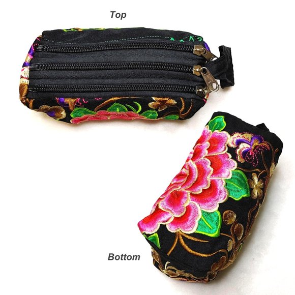 Embroidery Rabbits Floral Fabric Wristlet Pouch Black Brown Red 3-Layer Zippers - Picture 7 of 13